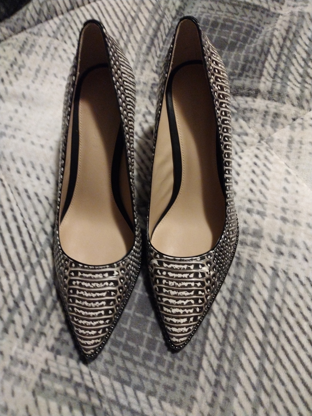 Women's Coach Pointed Toe Black and White Snake Patterned Pumps